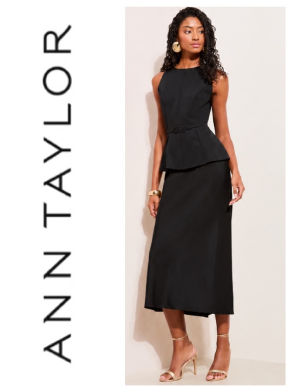 NEW!  Ann Taylor square-neck sleeveless belted peplum top in ‘black’ (10)
